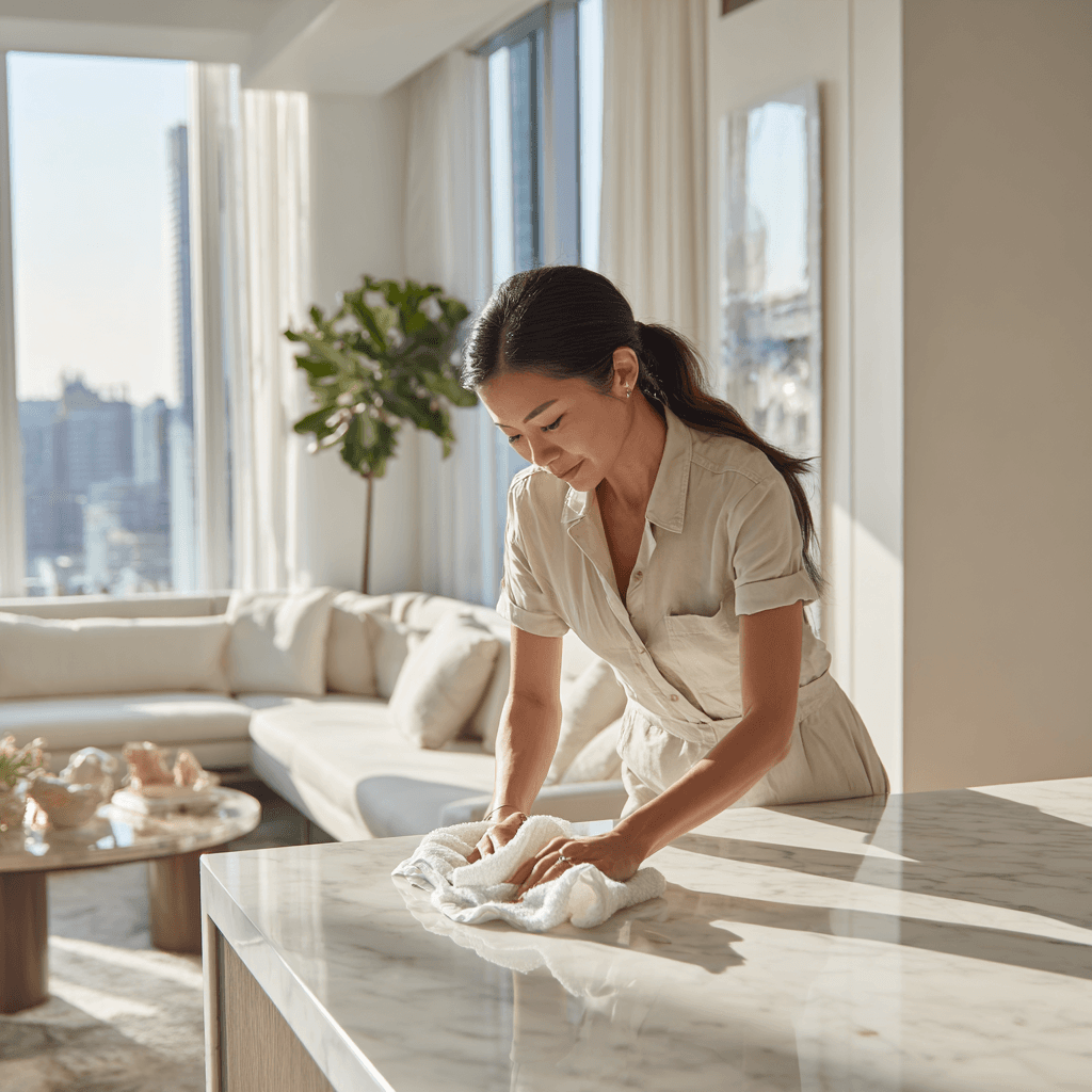 Clean, sunlit NYC apartment with modern kitchen and living room
